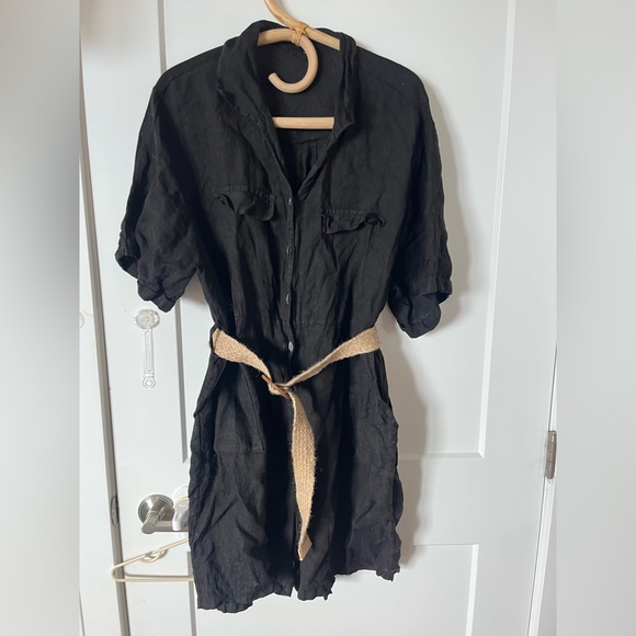 Pants - Linen romper with woven raffia belt